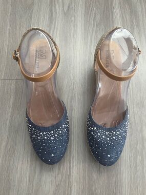 Modellista Blue Denim Rhinestone Ankle Strap Flats Women’s Size 6.5M Pointed Toe